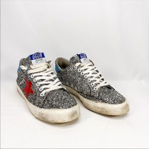 GOLDEN GOOSE MAY SNEAKERS Silver Glitter Red Star